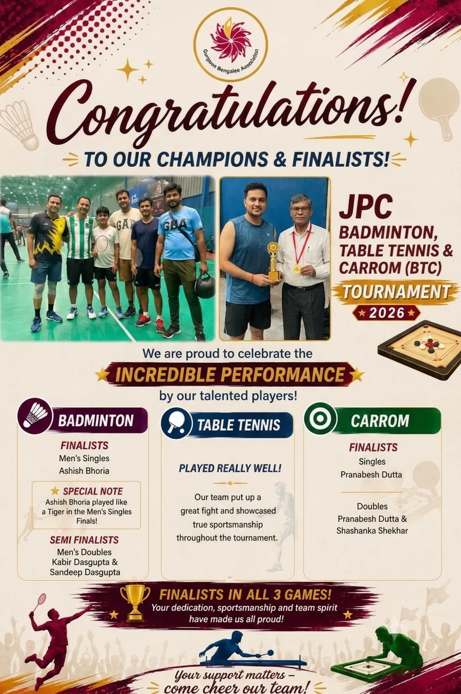 Congratulations poster for GBA's finalists at the JPC Badminton, Table Tennis and Carrom Tournament 2026