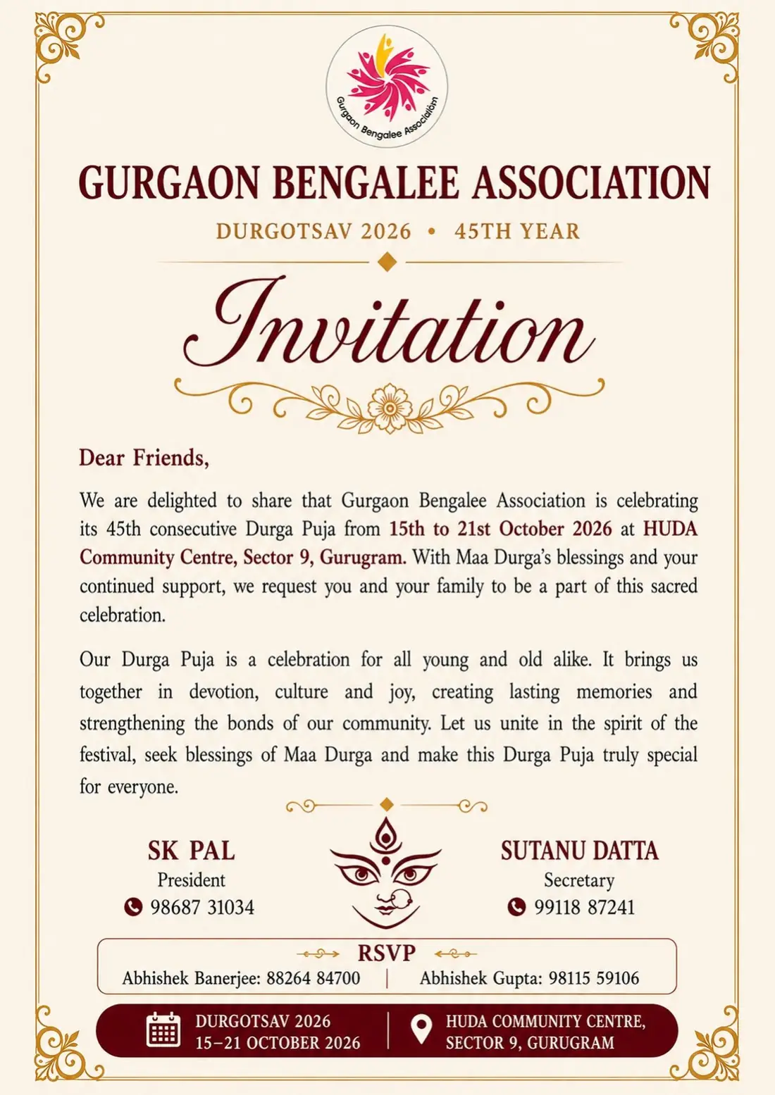 Invitation letter from the President and Secretary of Gurgaon Bengalee Association