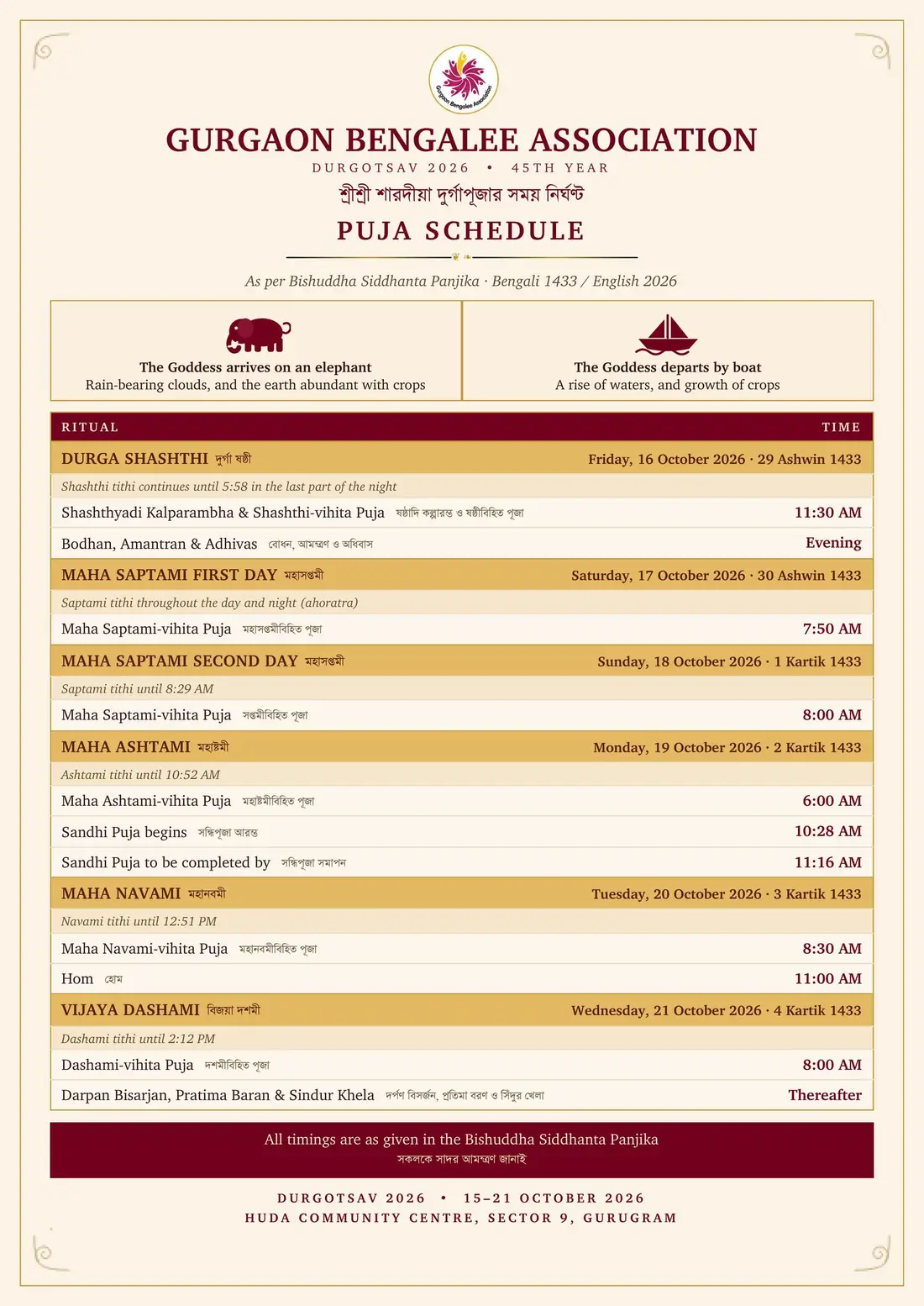 Puja schedule with ritual timings from Durga Shashthi to Vijaya Dashami