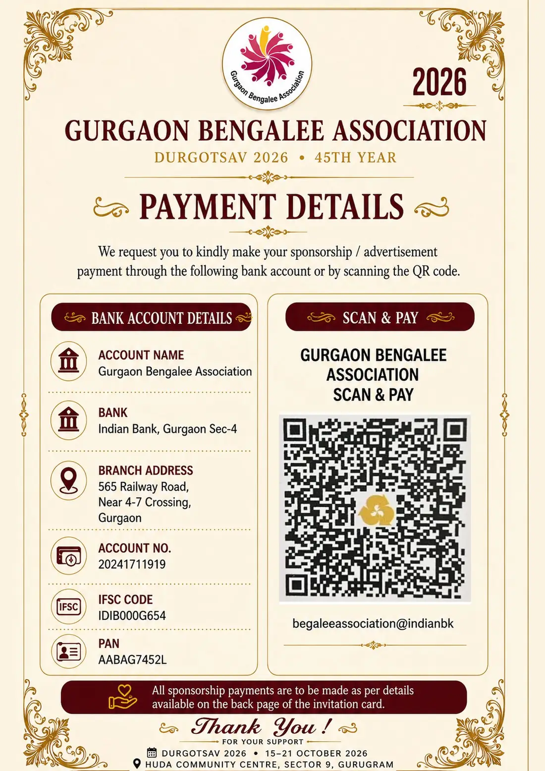 Payment details for sponsorship and advertisement contributions