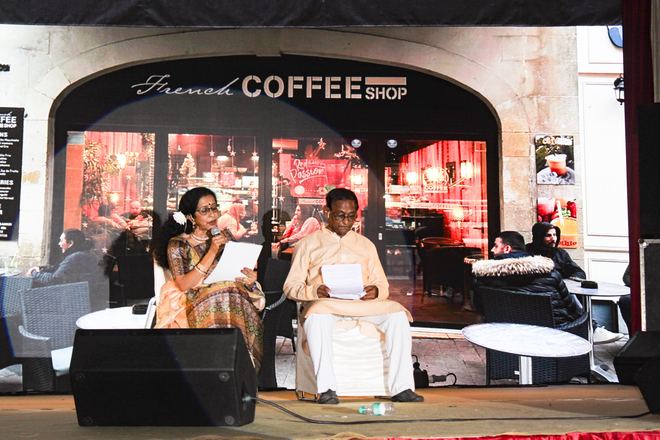 Cultural programme hosts on stage